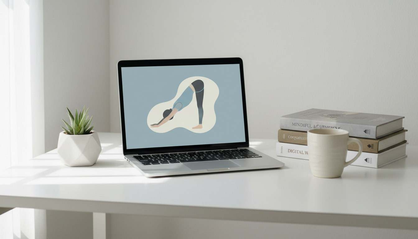 A meticulously arranged digital workspace featuring an open laptop displaying a yoga pose diagram in muted blue and gray hues, paired with a neatly stacked set of hardcover wellness books and a matte-finish ceramic mug in elegant ivory. All elements rest on a streamlined white desk, accented by a small geometric succulent planter. The scene is lit with balanced, natural daylight streaming from the side, casting gentle, soft-edged shadows to emphasize clarity and professionalism. Captured at an eye-level perspective with sharp, structured composition, the mood is organized and inviting, reinforcing an educational, corporate approach to online yoga classes with a minimalist, photographic style.