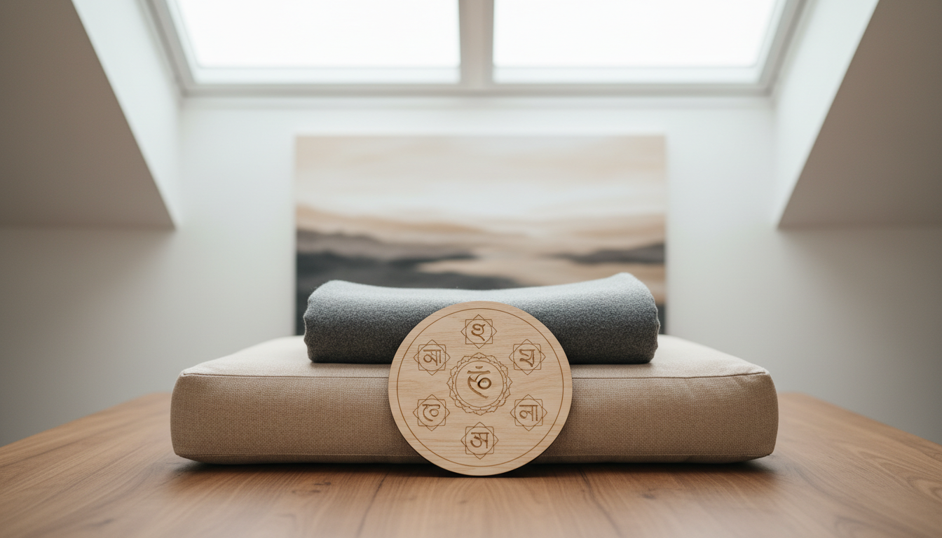 An immaculate arrangement of neutral-colored yoga props including a sand beige meditation cushion, a slate gray folded blanket, and a precision-crafted wooden chakra chart featuring minimal engravings. These elements are arranged symmetrically on a sleek, mid-tone wooden surface, with a subtle soft focus on a muted abstract painting in the background. Even, diffused light from a skylight above creates a tranquil glow, highlighting the textures and lines while keeping the palette cohesive. Captured from a slightly elevated angle for balanced composition, the image exudes a peaceful, focused mood in a clean, photographic style tailored for educational wellness content.