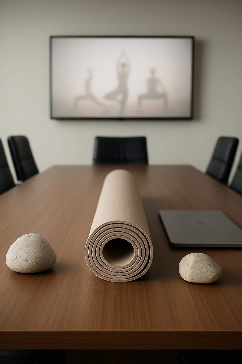 A professional, contemporary boardroom setup with a central, rolled yoga mat in pale taupe, flanked by carefully placed, minimalist natural stone paperweights and a closed, silver-gray laptop. The table surface is a smooth, matte walnut, and the background features an out-of-focus wall-mounted screen displaying a soft abstract of yoga postures. The space is illuminated by broad, neutral overhead lighting, resulting in minimal shadows and clear, even lighting across all surfaces. The composition is symmetrically structured, shot at table height for an authoritative, corporate mood. The result is a clean, modern photographic look perfect for illustrating corporate yoga services.