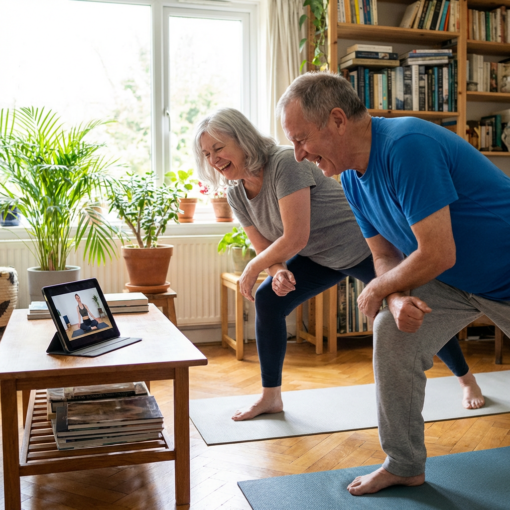 Senior couple enjoying online home workout An elderly man and woman practicing yoga while following a video on a tablet.